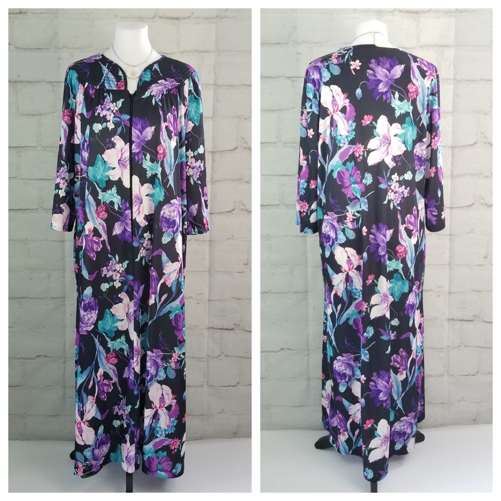 Vintage M/L Black Floral 3/4 Sleeve Maxi Muumuu House Dress 1/2 Zip Pullover